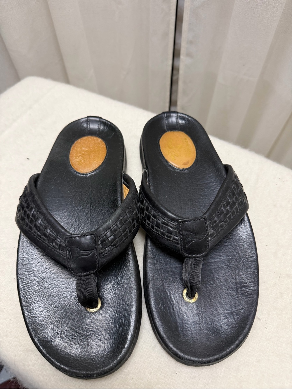 Sperry Black Leather Woven-Trim Flip-Flops